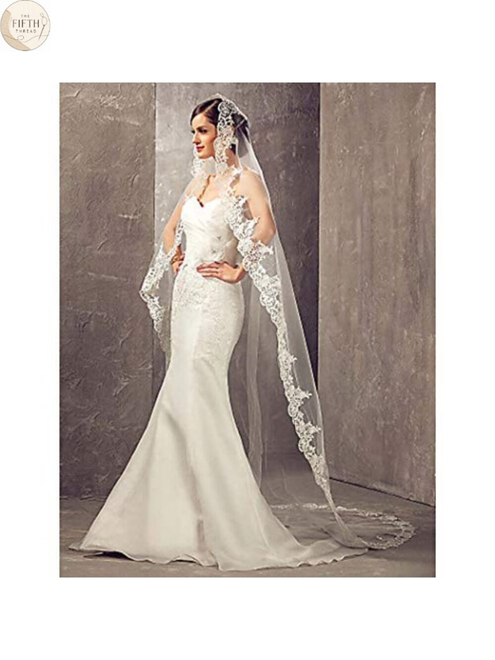 Long Cathedral Tulle Wedding Veil with Metal Comb Lace Edge Bridal